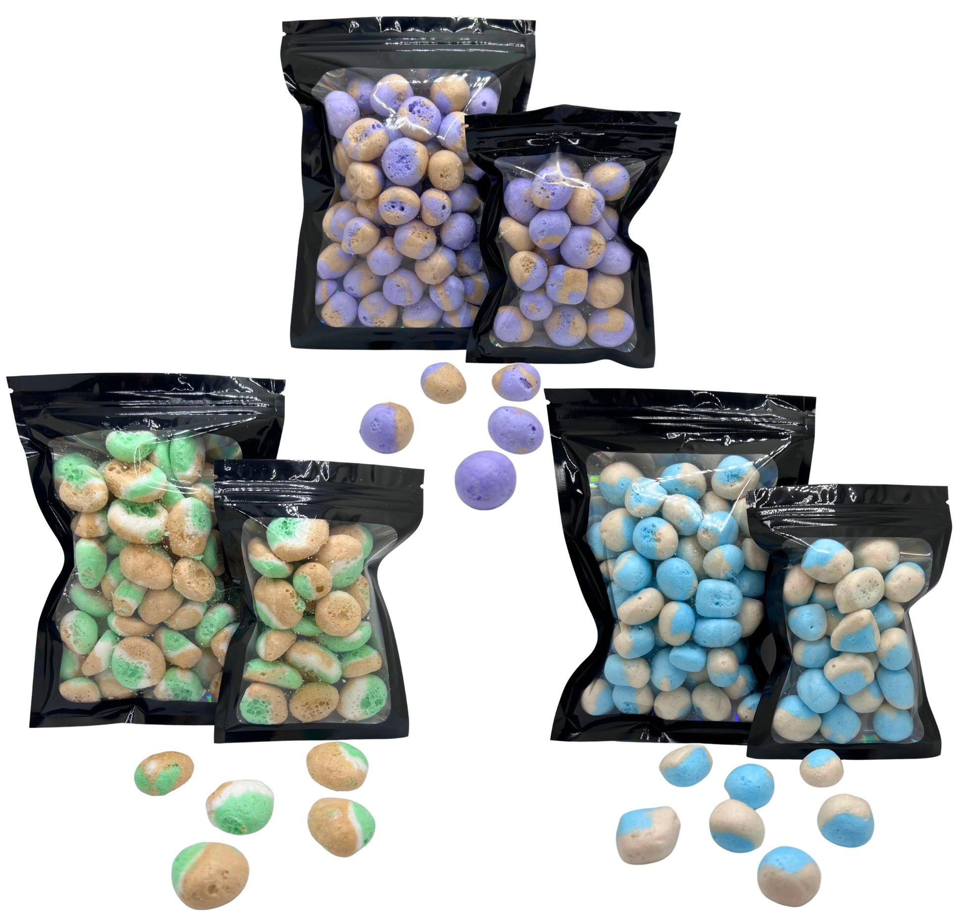 Freeze dried taffy candy trio pack. SWEET, BUTTERY APPLE PIE, BLACK BERRY CRUMBLE, AND FRESH-BAKED SUGAR COOKIES CRUNCHY FREEZE DRIED CANDY TAFFY.  